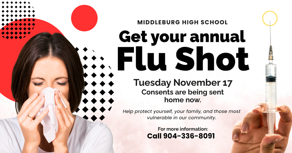 A flyer promoting flu shots. A woman covers her nose with a tissue. A hand holds a syringe.