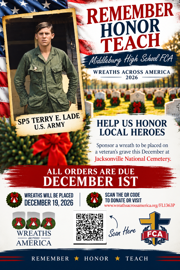 A poster features an image of a man in a military uniform with wreaths and a red ribbon. It reads "Remember, Honor, Teach" with a website.