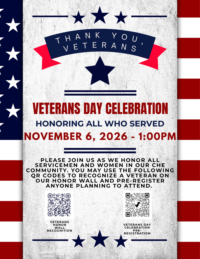 An invitation card for Veterans Day celebration. Text reads "Thank you, Veterans" and "Honoring all who served." Date and time: November 6, 2026, 1:00 PM.