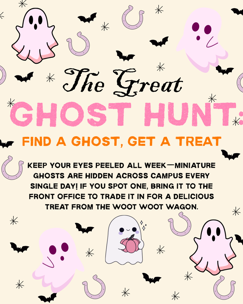 Poster with pink ghost icons and horseshoes. Title reads "The Great Ghost Hunt: Find a Ghost, Get a Treat".