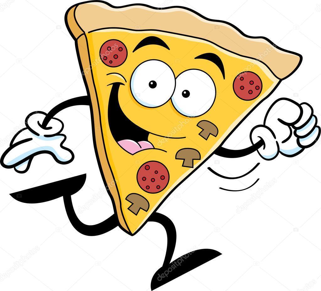 A slice of pizza with eyes, mouth, and arms runs with a joyful expression on a white background.