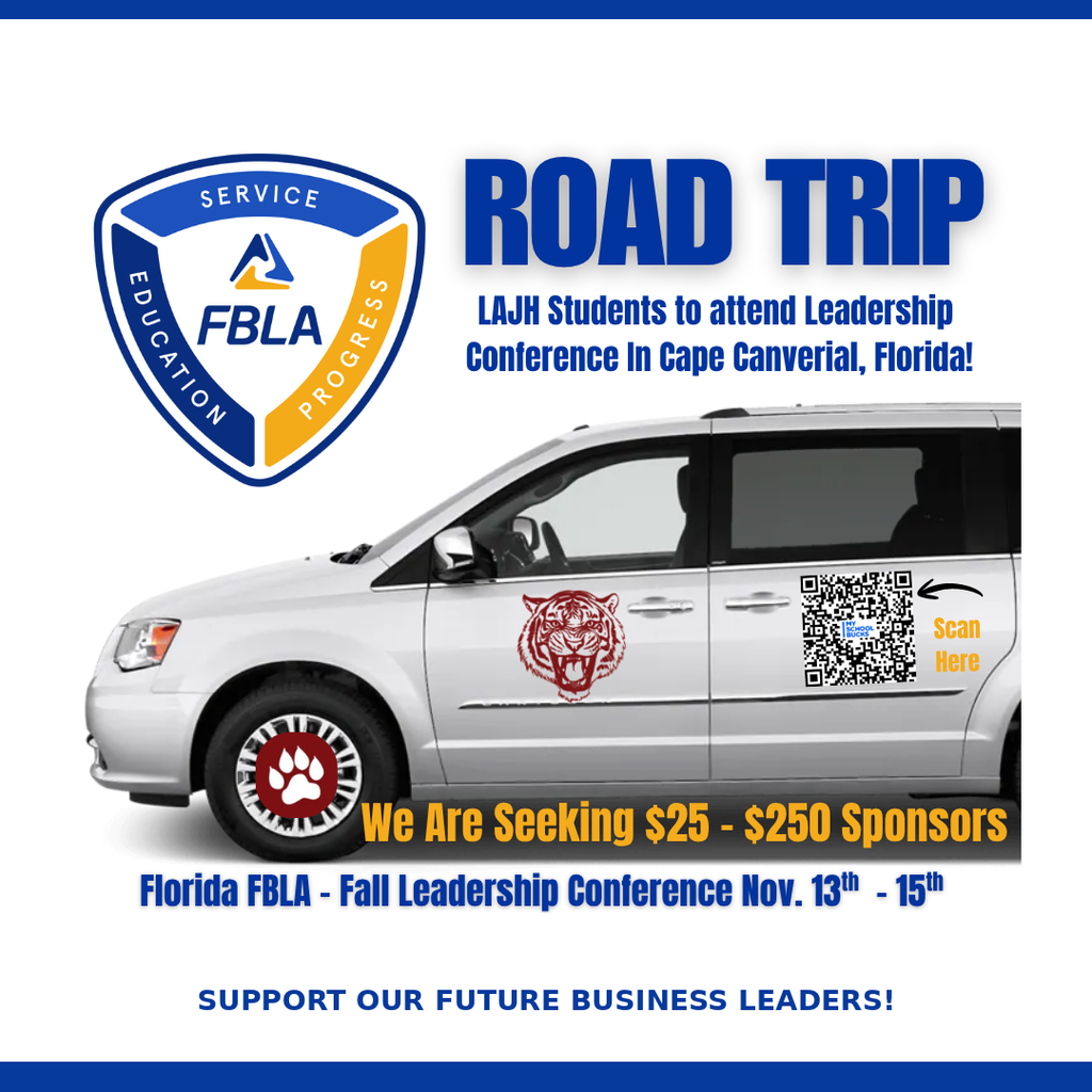 Lake Asbury Junior High FBLA sponsorship flyer featuring the FBLA logo and a silver minivan with the LAJH tiger logo. Students are preparing to attend the Florida FBLA Fall Leadership Conference in Cape Canaveral, Florida, November 13 through 15. The chapter is seeking sponsorships ranging from $25 to $250 to help cover travel and lodging expenses. A QR code is included for donations. The flyer features blue, gold, and white colors.