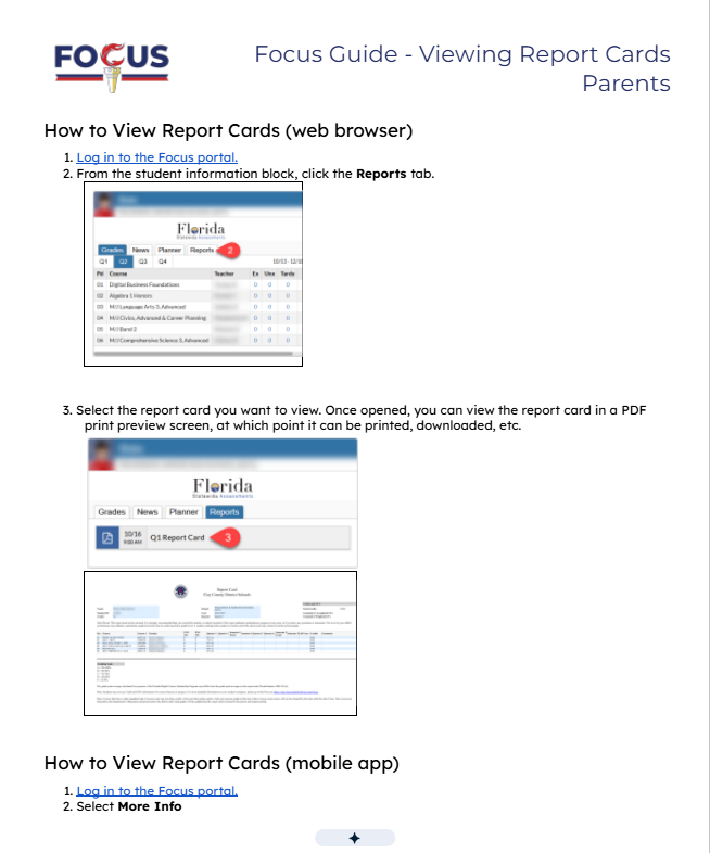 Directions to using the focus app for checking report cards.