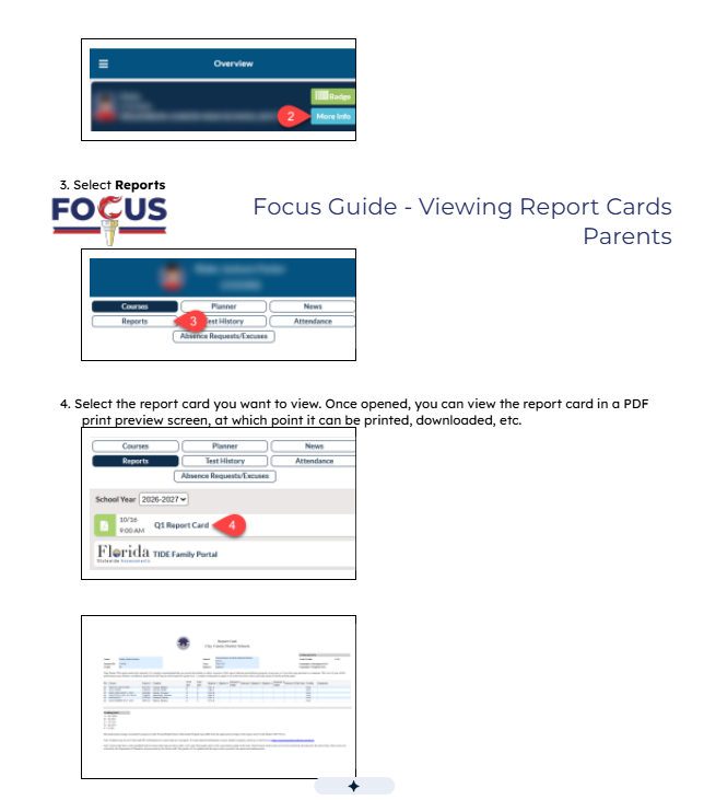 Directions to using the focus app for checking report cards.