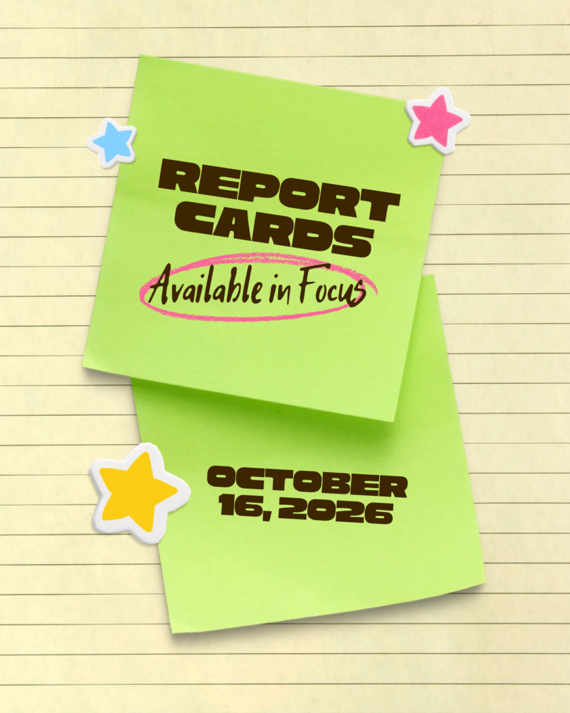 Two green sticky notes with "Report Cards" and "Available in Focus" text. Stars and circles adorn the notes. Date October 16, 2026, on the second note.