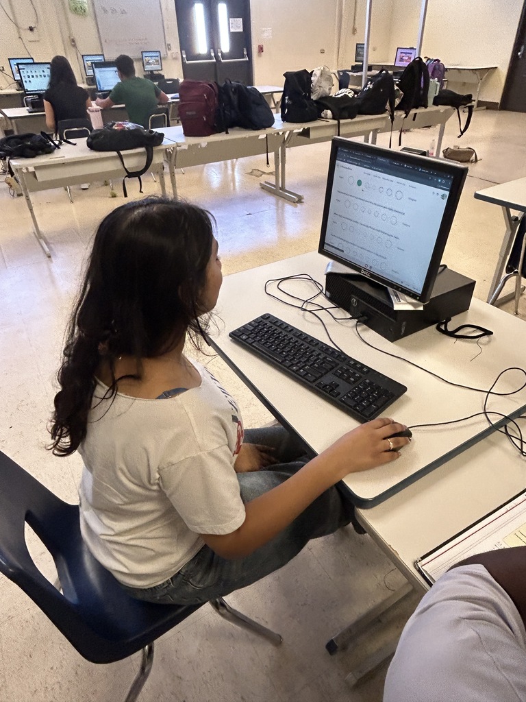 Student seated at a table using a computer, keyboard, and mouse, with a computer screen visible.