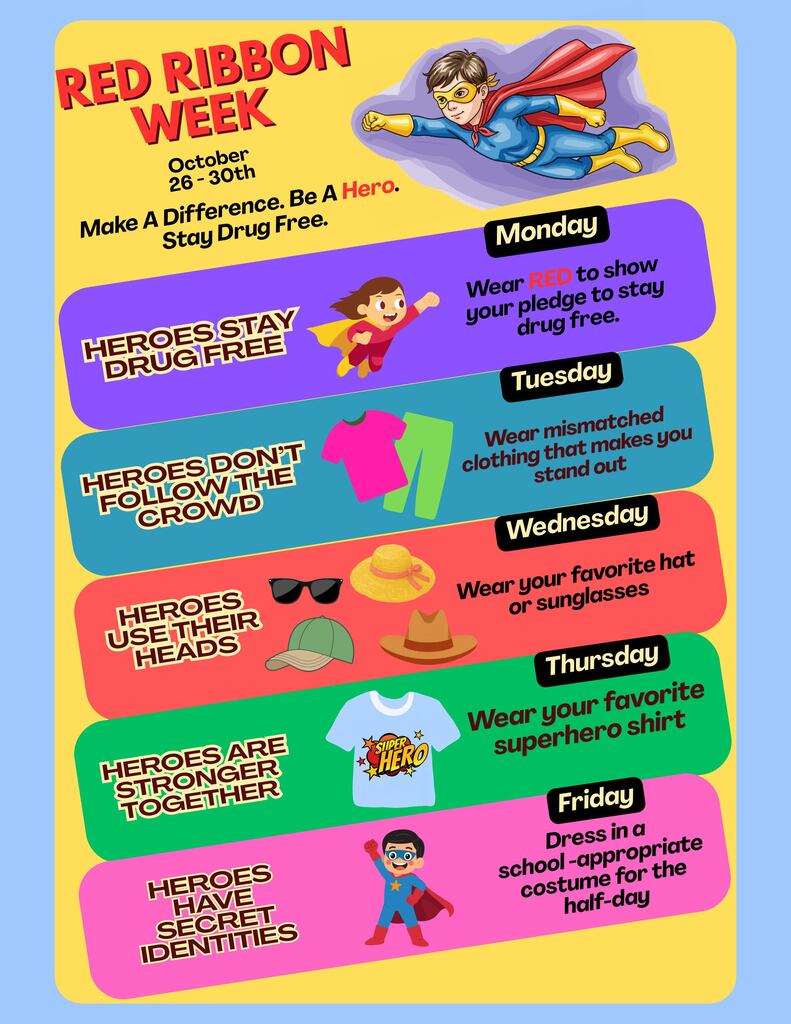 A flyer titled "Red Ribbon Week" with five colorful banners. Each banner features an illustration and a suggestion to stay drug-free.