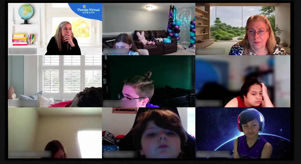 Multiple people appear in a grid format, each in their own space, with some wearing glasses and headphones.