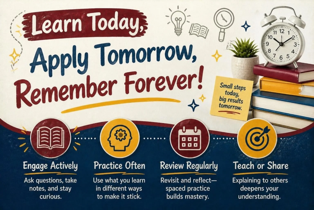 Educational graphic in navy, maroon, gold, and white with the message “Don’t Just Complete It. Understand It!” Three reflection questions encourage students to think about what they learned, whether they can explain it without notes, and how they can apply their knowledge in a new situation.