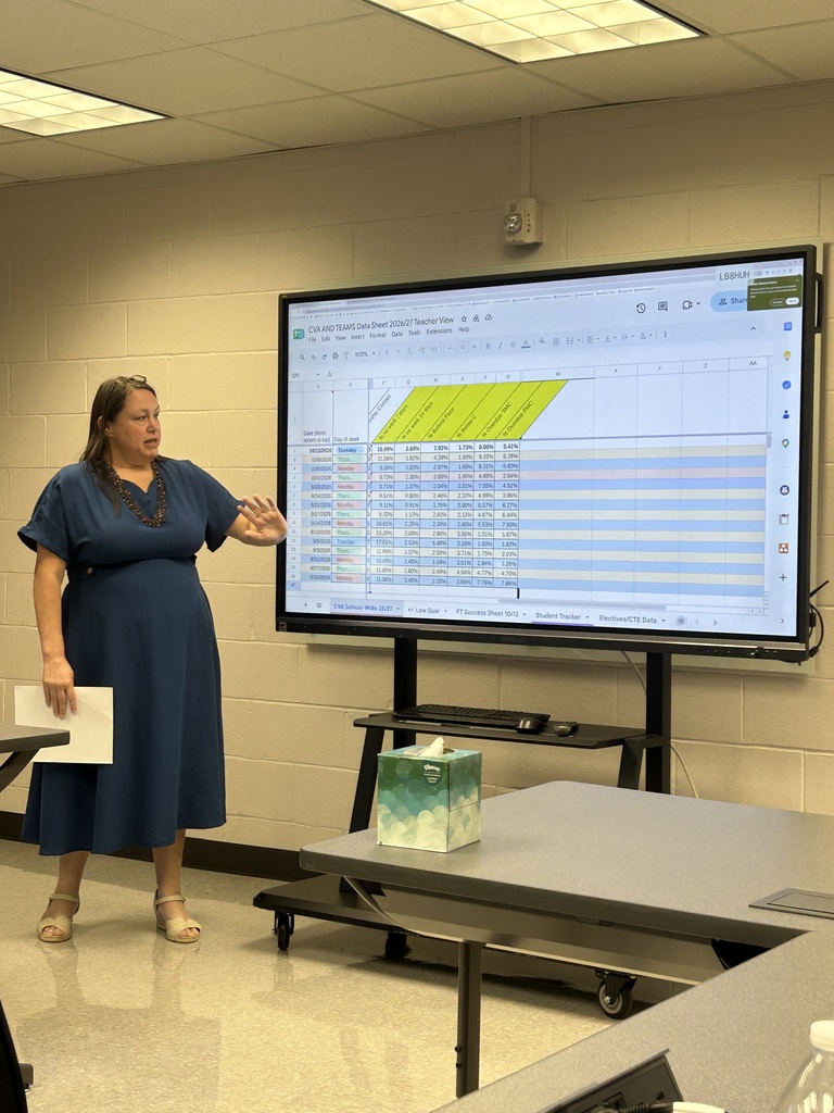 Woman in blue dress holding paper stands in front of large screen showing chart.