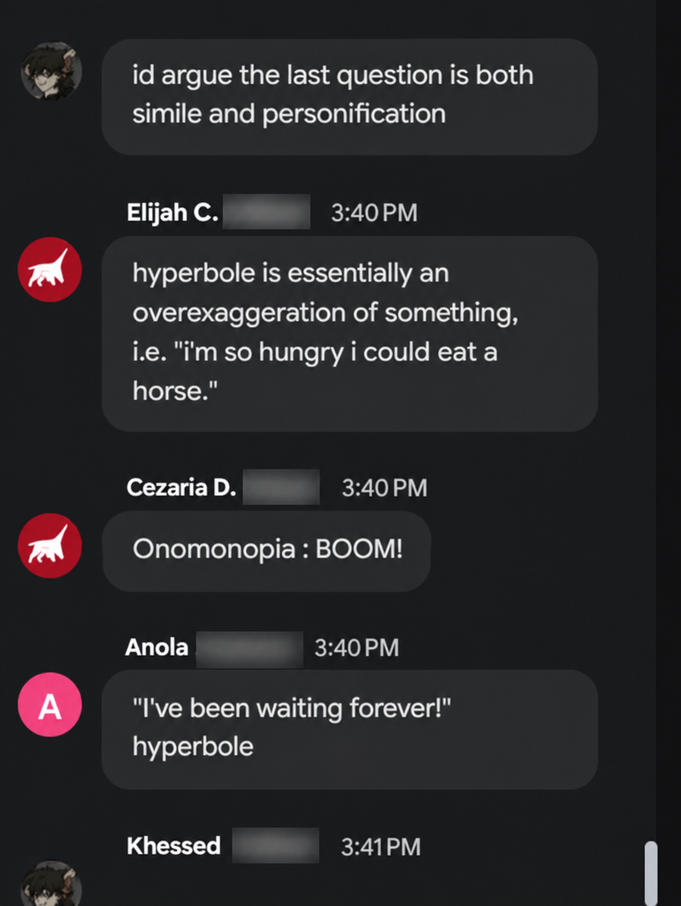 A group of text messages with dog emojis on a black background. Each message contains a name, time, and text.