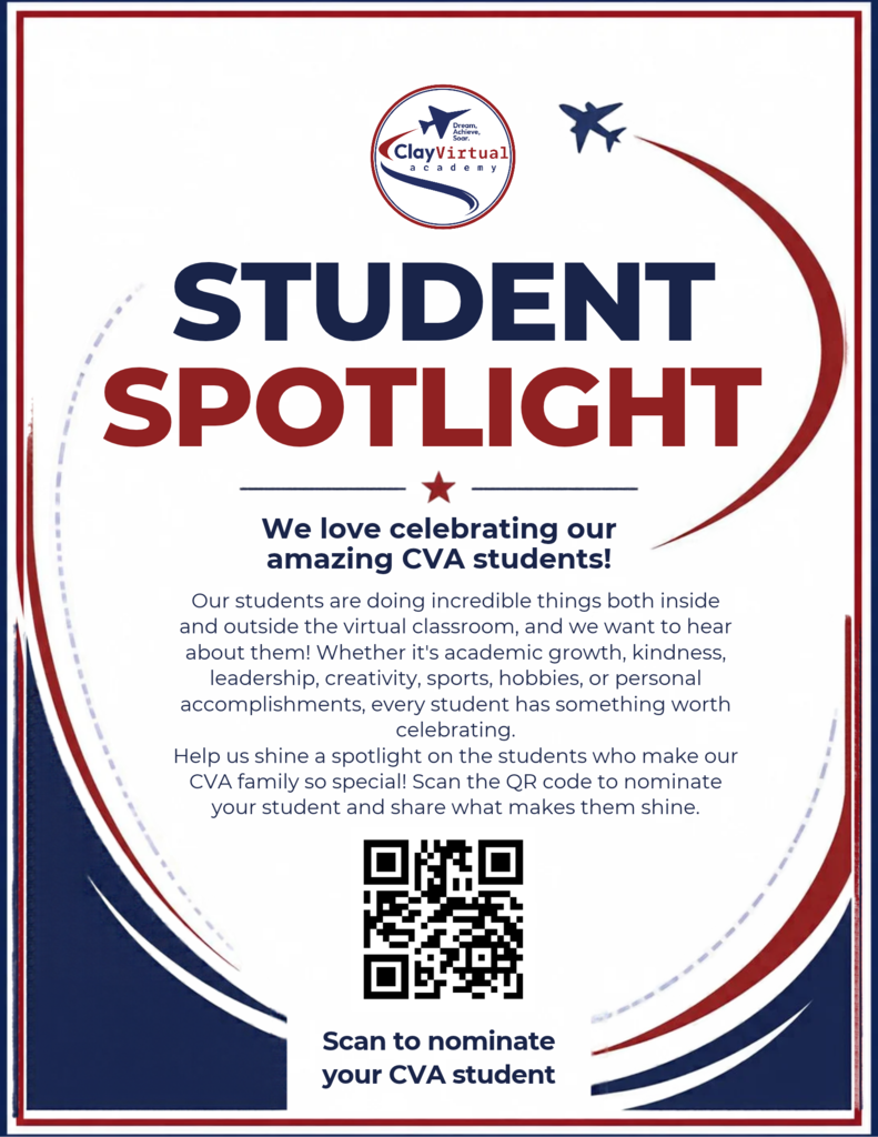 A poster with red, white, and blue colors features "Student Spotlight" text with a QR code.