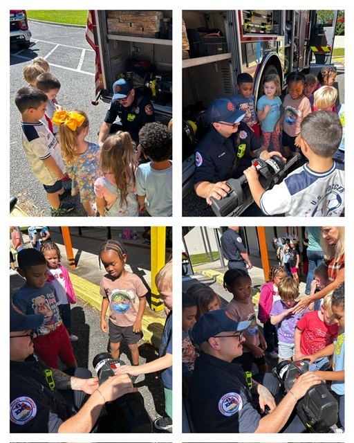 Multiple photos of firefighters showing children items and equipment on a fire truck and outside.