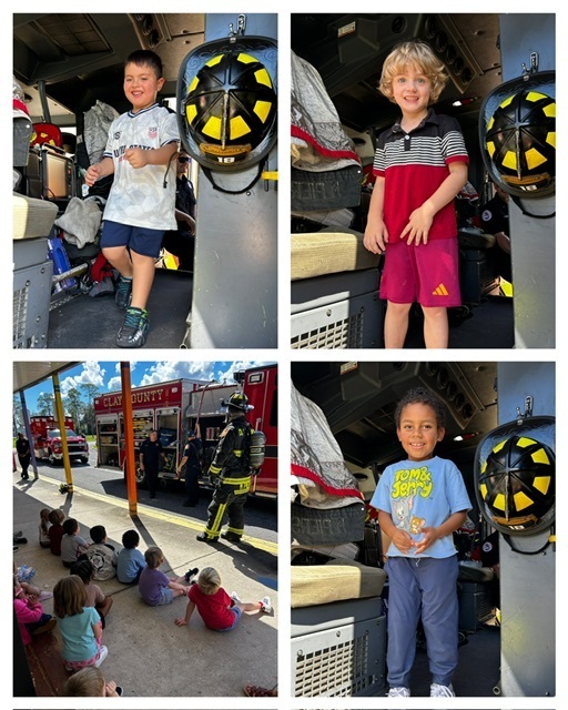 Four photos of children, one wearing a firefighter helmet, inside a fire truck, with children sitting outside