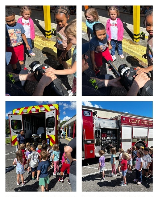 Four panels showing children in different views around a fire truck, with adults and children exploring it