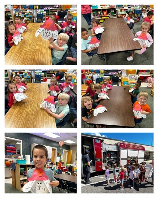 Multiple pictures of young children in classroom, with one showing children holding white masks, and another of children standing outside fire truck