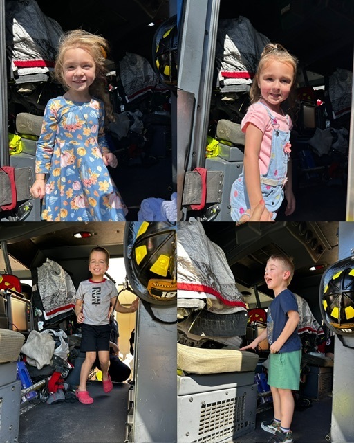 Four photos show children in a fire truck with gear, jackets, and helmets visible. One child stands in each corner of each photo.