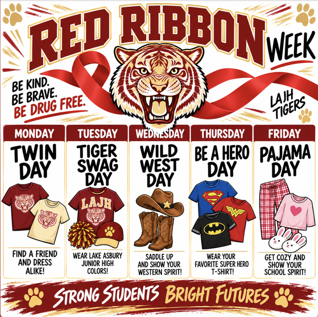 Red Ribbon Week spirit week flyer for Lake Asbury Junior High, featuring a large red and gold tiger mascot, red ribbon graphics, and the message “Be kind. Be brave. Be drug free.” Five daily themes are listed: Monday, Twin Day—find a friend and dress alike; Tuesday, Tiger Swag Day—wear Lake Asbury Junior High colors; Wednesday, Wild West Day—show your western spirit; Thursday, Be a Hero Day—wear your favorite superhero T-shirt; and Friday, Pajama Day—get cozy and show your school spirit. The bottom banner reads “Strong Students, Bright Futures.”