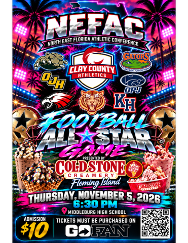 Bright poster with logos, text, images of ice cream, stars, and a football. Event on Nov. 5, 2026, at Fleming Island.