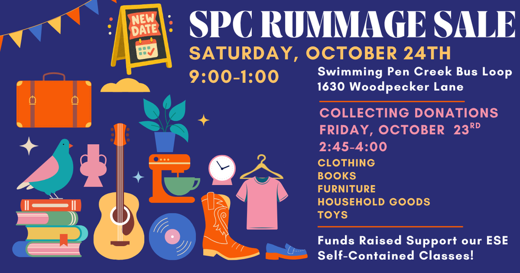 Blue poster with text "SPC RUMMAGE SALE" and images of books, guitar, boots, and a mixer.