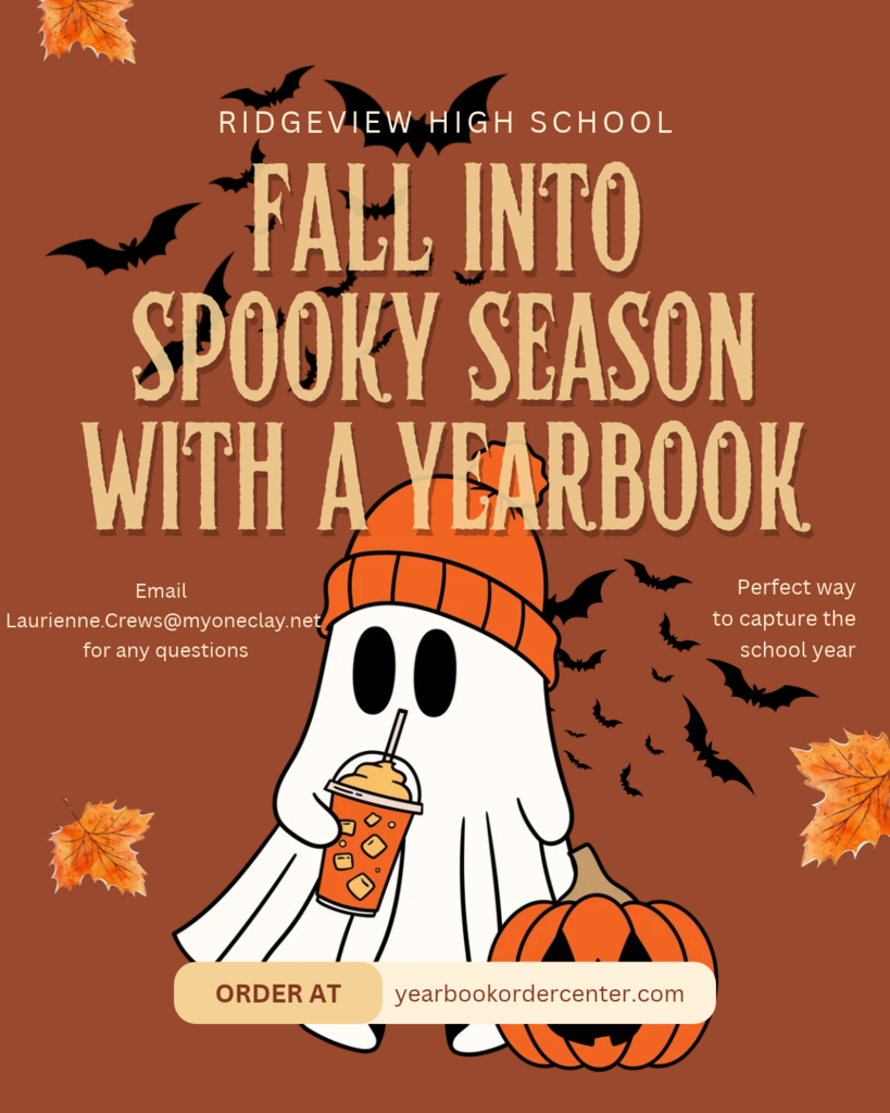 A Halloween themed poster has text that reads "Fall into spooky season with a yearbook" with a ghost wearing an orange hat and holding a drink.