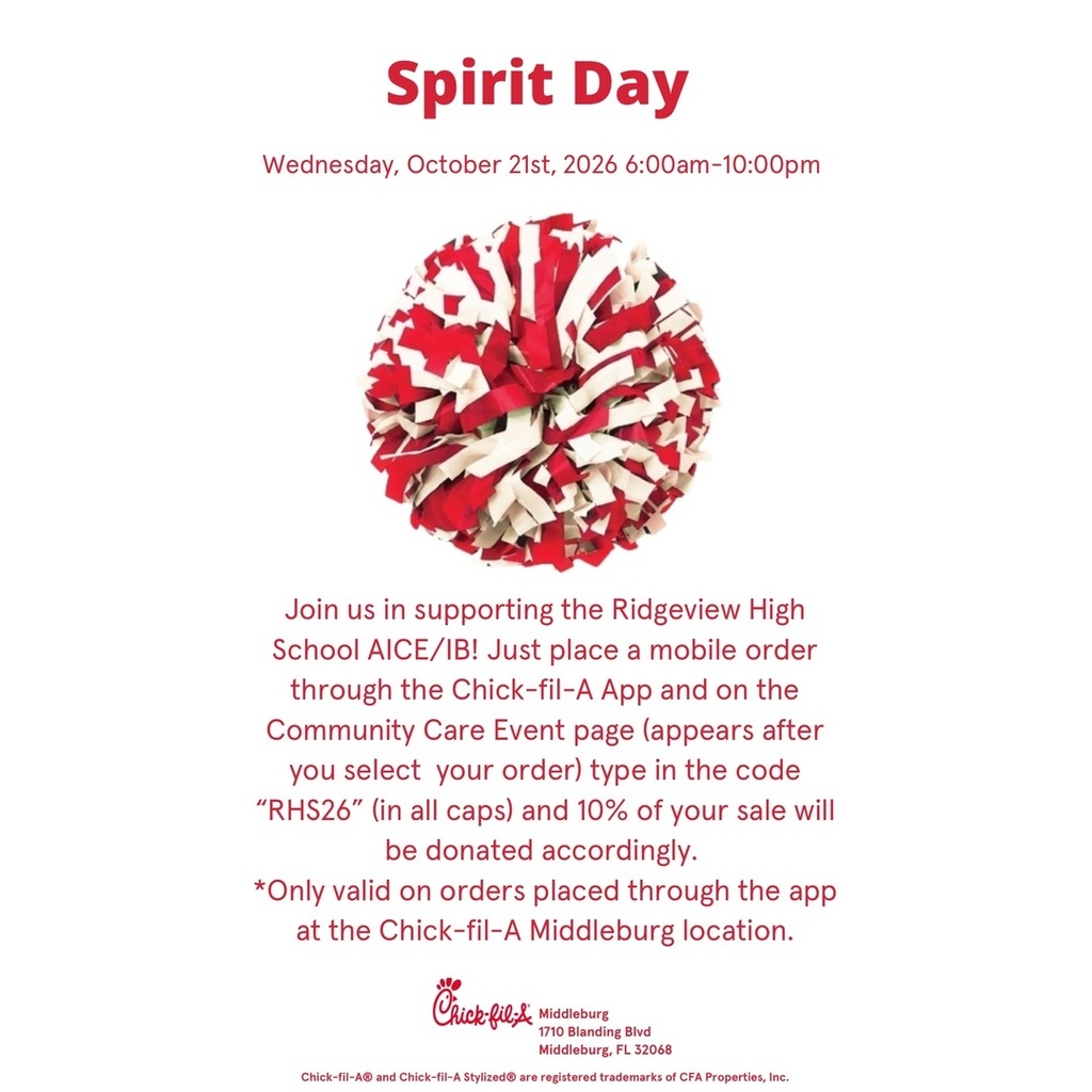 Advertisement for Spirit Day with a red and white pom-pom, information about ordering through Chick-fil-A.