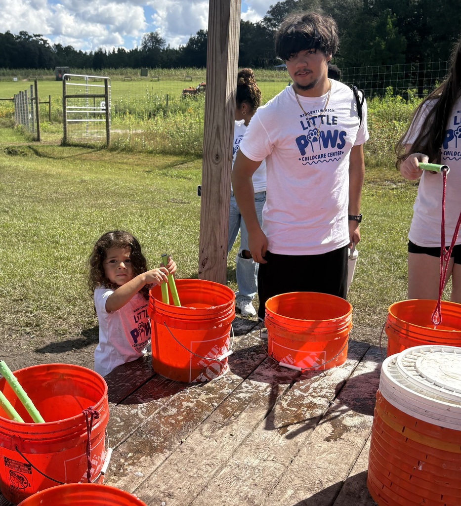 Four children, two standing, two seated, around table with orange buckets. Background shows green field and metal gate.