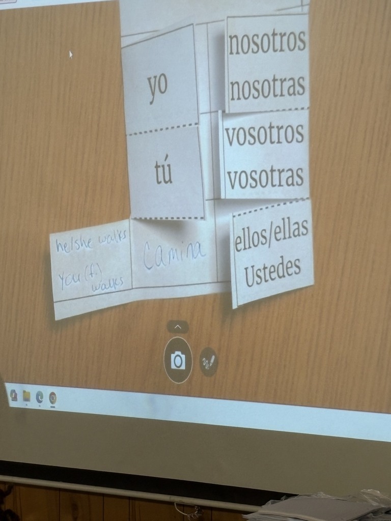 A projection screen displays multiple white cards with words like "nosotros", "vosotros", "ellos/ellas" and "ustedes".