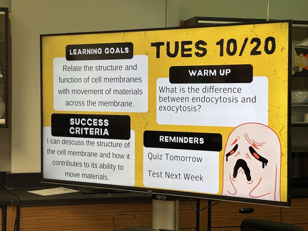 Monitor shows yellow display with text and cartoon face. Title reads "Tues 10/20". Sections include Warm Up, Success Criteria, and Reminders.