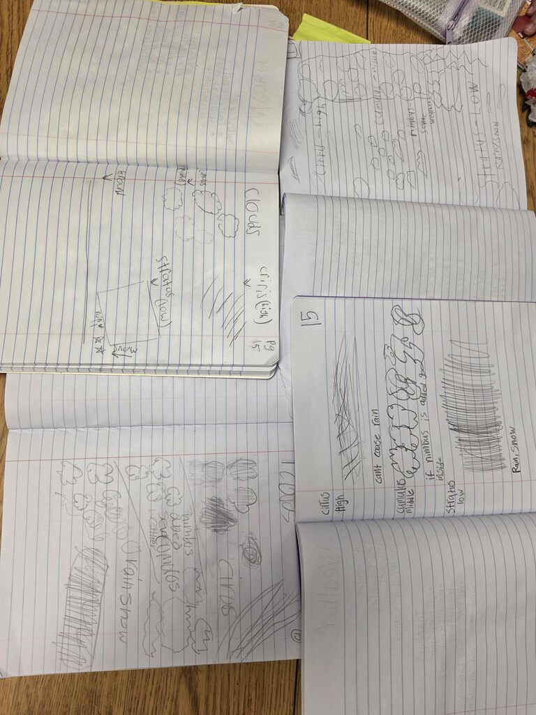Open notebooks on a table contain hand-drawn illustrations, diagrams, and text in pencil and pen.