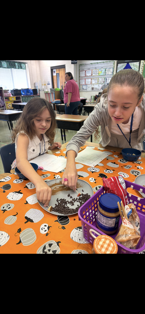Two students work at a table with food on an orange tablecloth. One works with a bowl of seeds.