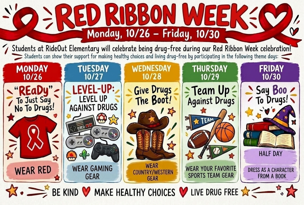 Graphic with red ribbon, red heart, text: Red Ribbon Week. Columns for Monday through Friday. Illustrations of various items.