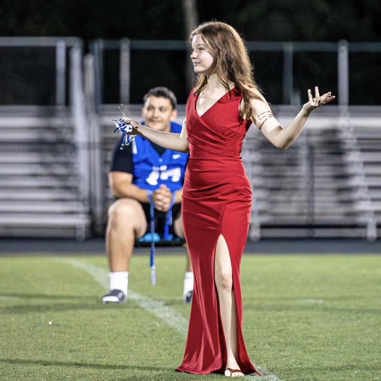 A woman in a red dress standing on a field with hands open, and a man sitting behind her.