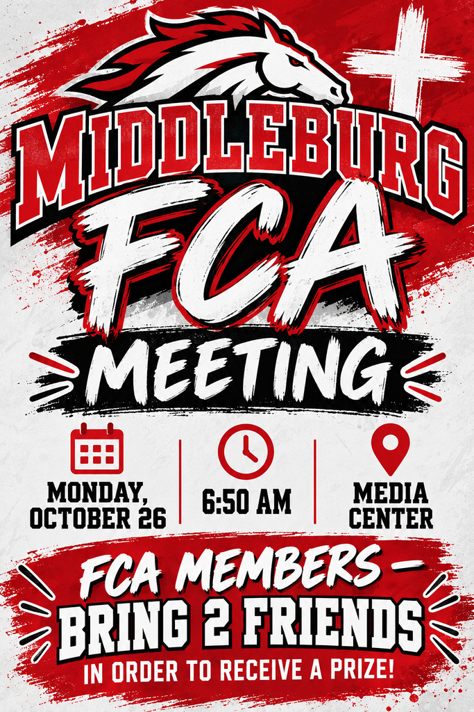 A poster with red and white colors shows an event for the Middleburg FCA meeting. It includes a logo and a horse.