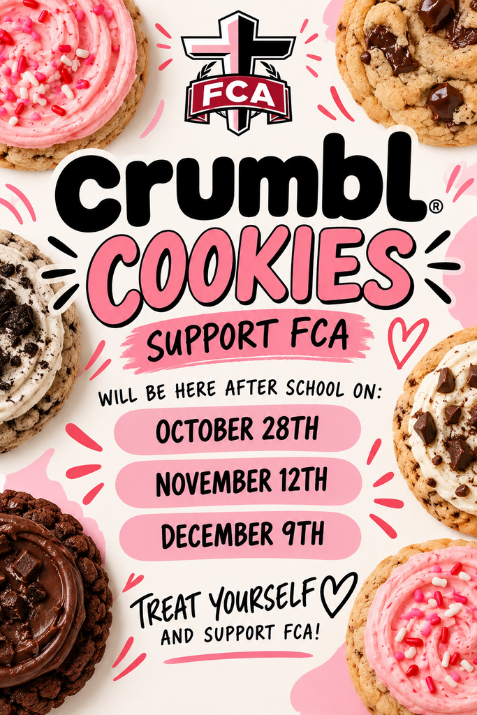 Pink, brown, and chocolate cookies with frosting and sprinkles. Text reads "Crumbl Cookies Support FCA".