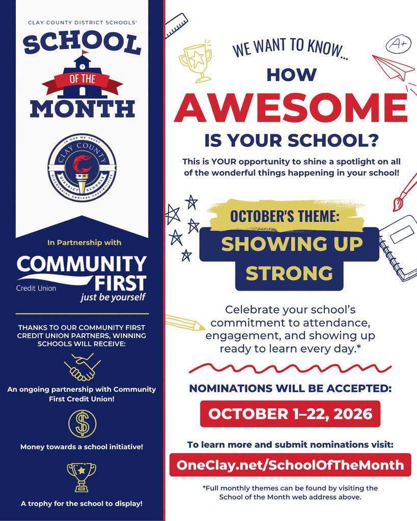 Blue and white flyer for School of the Month nomination with a school logo, text, and a gold star design.
