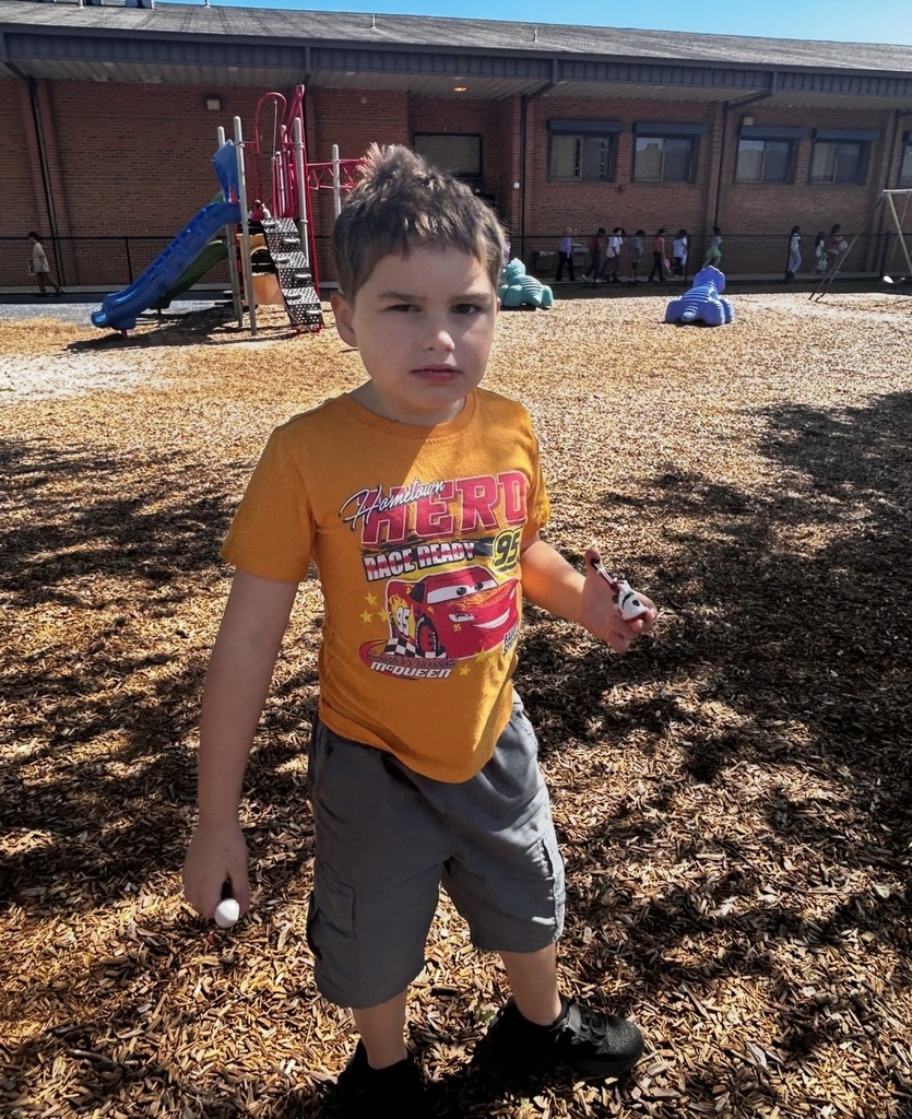A boy holds a white ball and looks down at a playground with a slide.