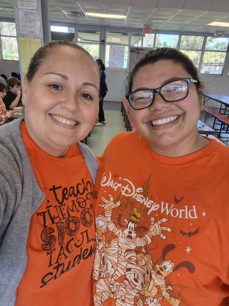 Two women smiling, one wearing a gray top and the other a Disney World themed orange shirt.
