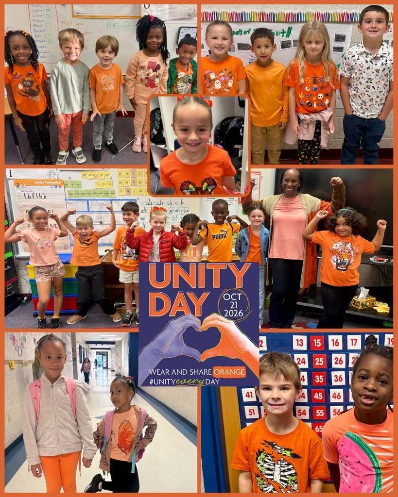 Group of children in orange shirts and pants standing together in various school locations, some holding up their arms.