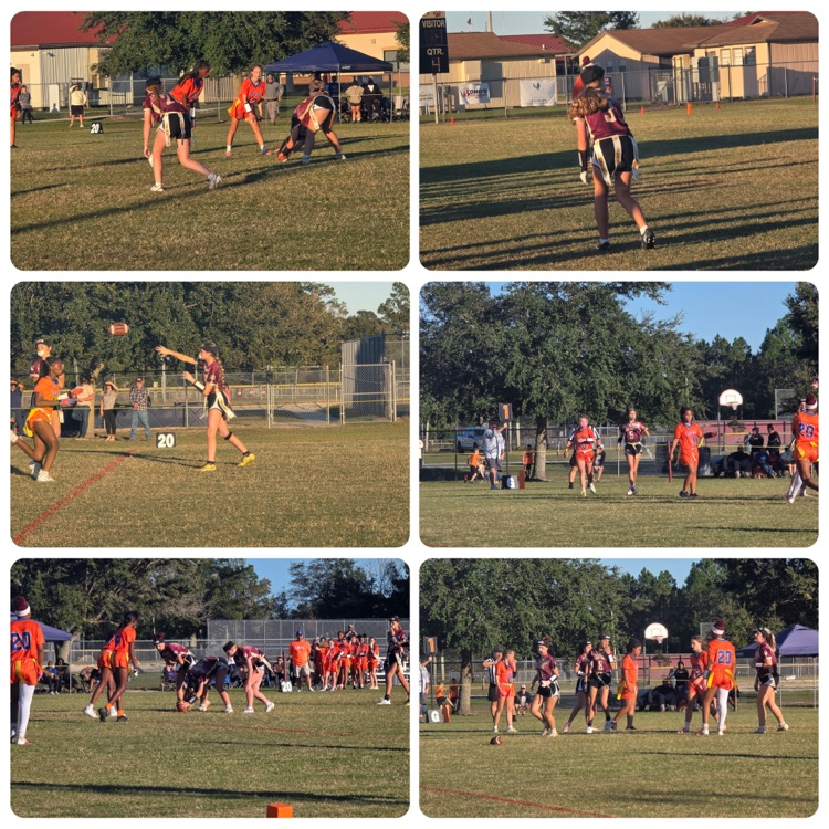 Six photos of players in orange uniforms playing a ball game on a grass field.