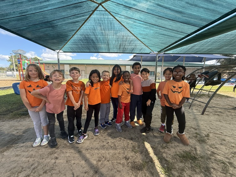 Nine children in orange shirts stand together under a shelter on a playground. Some have pumpkins.