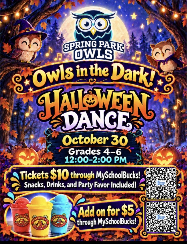 Halloween party flyer for "Owls in the Dark" with owls, pumpkins, and QR code for ticket purchase.
