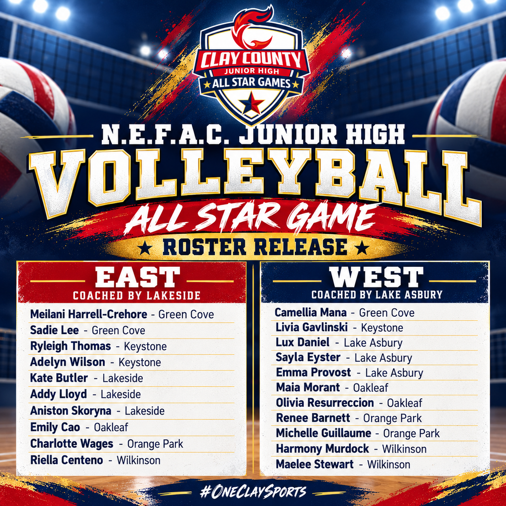 Poster with a volleyball theme featuring East and West team rosters for N.E.F.A.C. Junior High Volleyball All-Star Game.