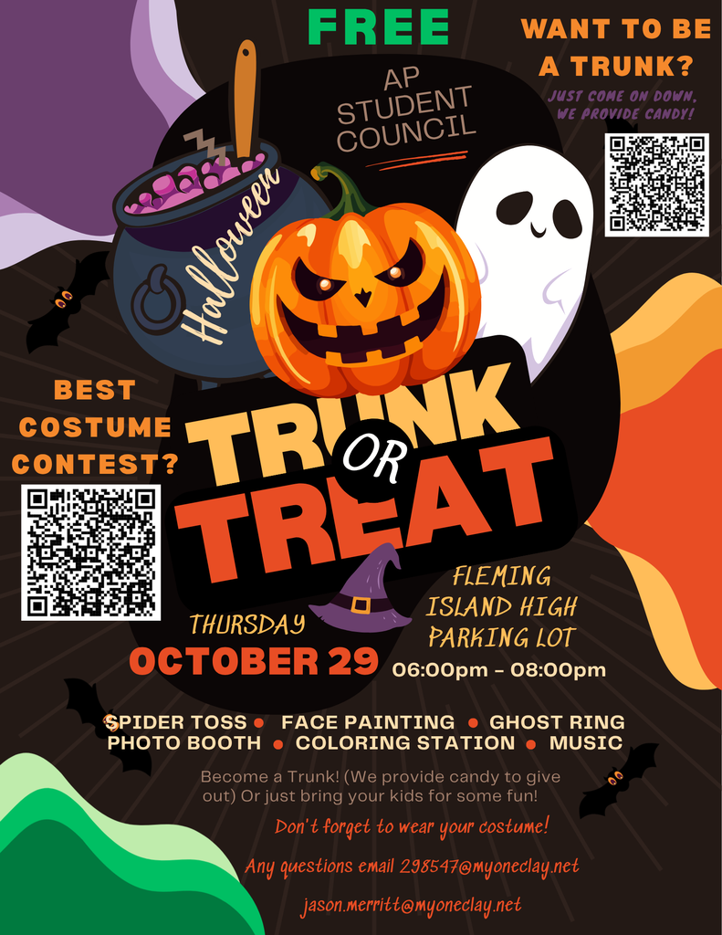 Halloween themed poster with pumpkin, ghost, and witch hat. QR codes for contact information and event details.