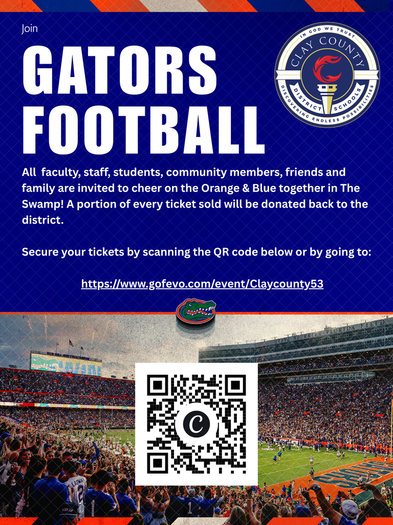Blue poster with "Gators Football" in bold white text. Stadium full of people, green field. QR code for ticketing.