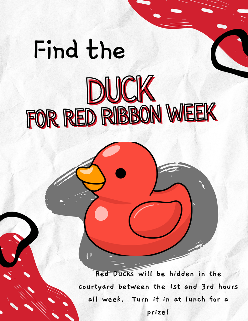 Red rubber duck partially hidden in gray oval; text reads "Find the duck for Red Ribbon Week".