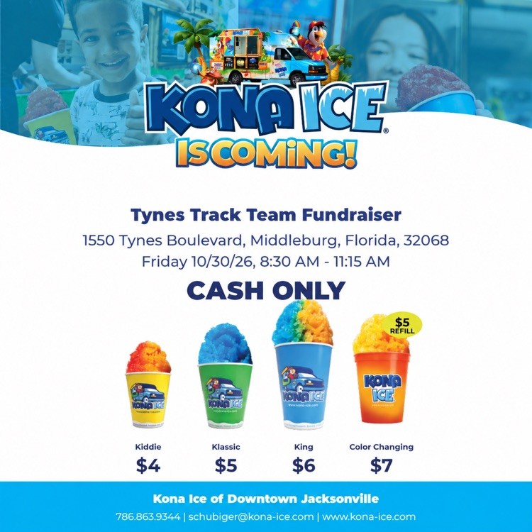 🍧 Kona Ice is coming back to Tynes! 🏃♀️🏃♂️ Enjoy a sweet treat while supporting our Tynes Track Team! 📅 Friday, October 30 ⏰ 8:30–11:15 AM 🍧 Kiddie: $4 🍧 Classic: $5 🍧 King: $6 🍧 Color Changing: $7 ($5 refill) Thank you for supporting our runners! 💙
