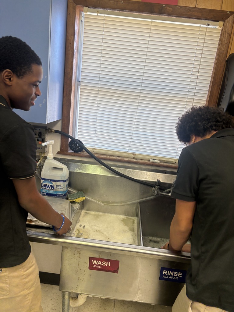 Two students washing dishes in a sink; one using soap, the other washing dishes.