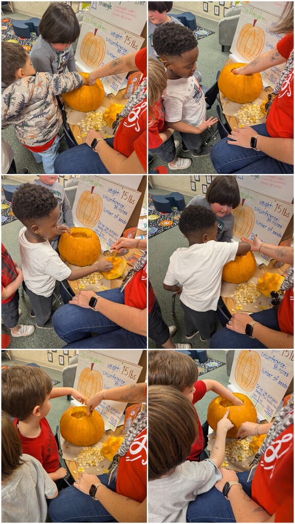 Collage of children carving pumpkins on a table, seeds and pumpkin pieces around them.