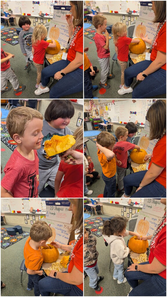 Collage of children holding and slicing pumpkins while adults assist them in a classroom setting.